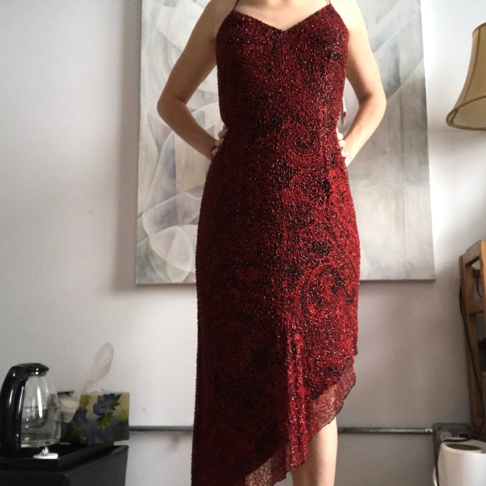 Andretta Donatella black silk hand beaded with red